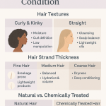 Infographic by Jewel’s Hair LLC illustrating expert haircare tips for curly, kinky, straight, fine, coarse, chemically treated, and natural hair types. Features illustrations of diverse hair textures and guidance for Design Essentials product recommendation