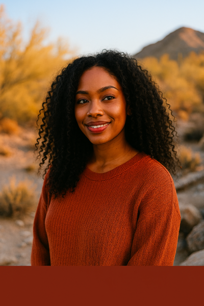 Smiling woman with voluminous natural curls wearing a burnt orange sweater, standing in a golden desert landscape during fall in Arizona