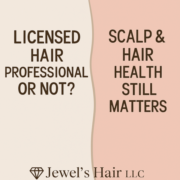 Split graphic showing “Licensed Hair Professional or Not?” on one side and “Scalp & Hair Health Still Matters” on the other, highlighting the importance of formal education in haircare, scalp anatomy, and textured hair health for Arizona stylists.